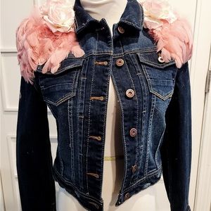 Brand new embellished denim jacket with pink feather epaulettes